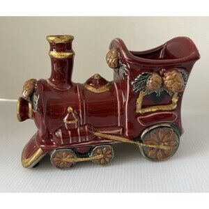 Ceramic Train Planter Pottery Vase Maroon Gold Christmas Decor VTG Figurine 8”